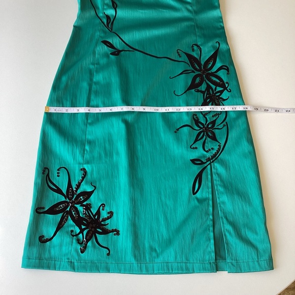 Jane Norman Y2K dress 14 turquoise green satin black embroidered vintage - Picture 6 of 16